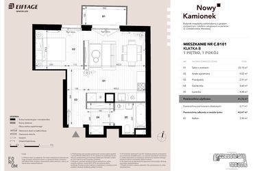 Rzut - Mieszkanie na sprzedaż 1 pokój o powierzchni 41,76 m² - numer C.B101 w Nowy Kamionek