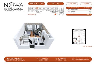 Rzut - Mieszkanie na sprzedaż 1 pokój o powierzchni 34,7 m² - numer B2.2.19 w Nowa Guzikarnia