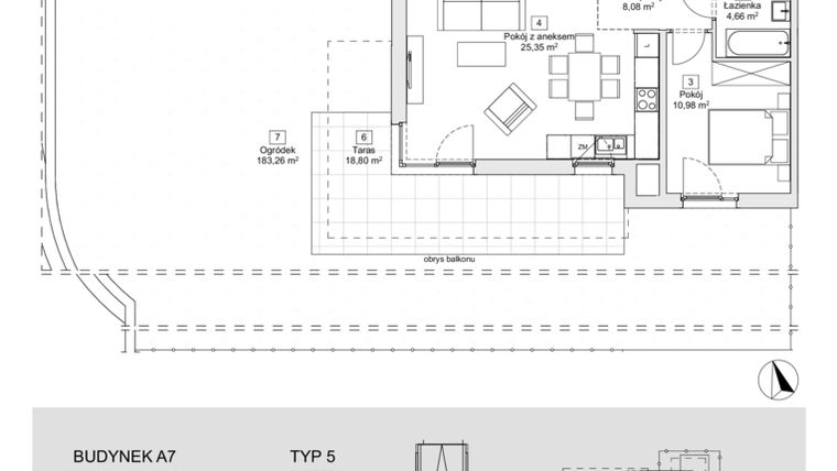 Rzut - Mieszkanie na sprzedaż 3 pokoje o powierzchni 61,19 m² - numer A7.0.2 w Zacisze Marcelin IIIa