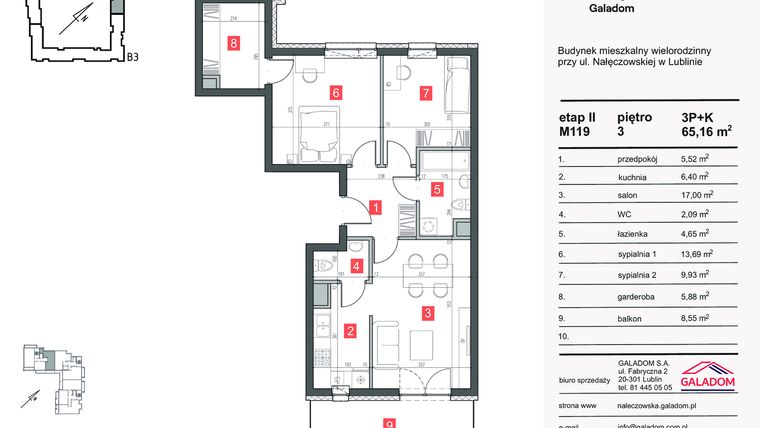 Rzut - Mieszkanie na sprzedaż 3 pokoje o powierzchni 65,16 m² - numer M-119 w Nałęczowska etap II
