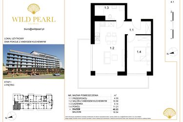 Rzut - Mieszkanie na sprzedaż 2 pokoje o powierzchni 40,23 m² - numer 4.1 w Wild Pearl - apartamenty inwestycyjne