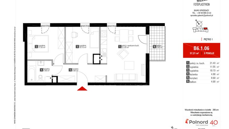 Rzut - Mieszkanie na sprzedaż 3 pokoje o powierzchni 57,21 m² - numer B6.1.06 w Fotoplastykon