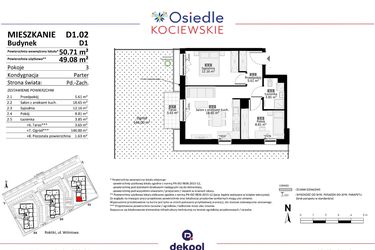 Rzut - Mieszkanie na sprzedaż 3 pokoje o powierzchni 49,08 m² - numer D1.02 w Osiedle Kociewskie etap III