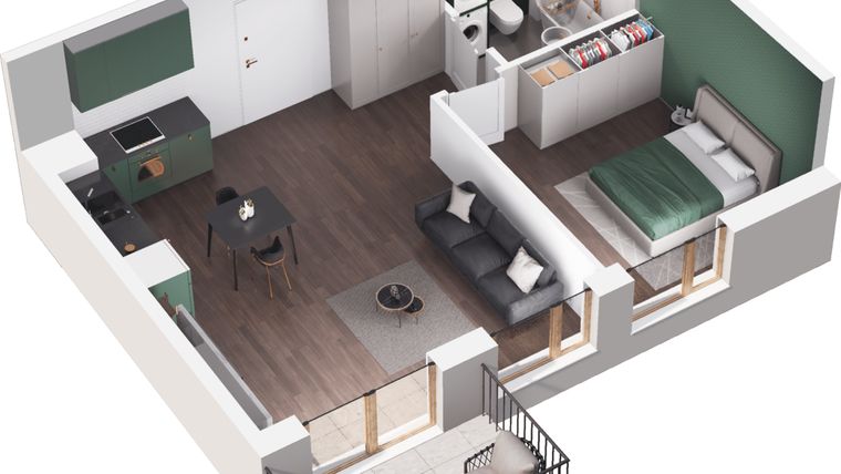 Rzut - Mieszkanie na sprzedaż 2 pokoje o powierzchni 45,13 m² - numer A3.101.M02 w Mieszkaj w mieście - Ogrody Glogera