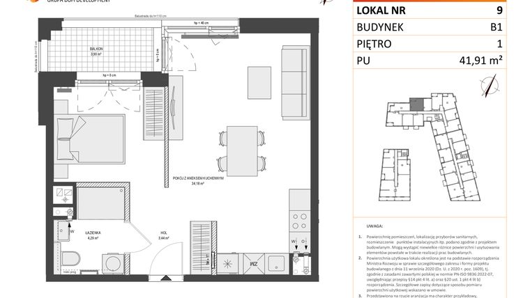 Rzut - Mieszkanie na sprzedaż 1 pokój o powierzchni 41,91 m² - numer B1.9 w Zajezdnia Motława