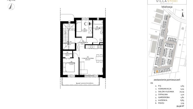Rzut - Mieszkanie na sprzedaż 3 pokoje o powierzchni 52,3 m² - numer O6 w Villa Stoki (mieszkania)