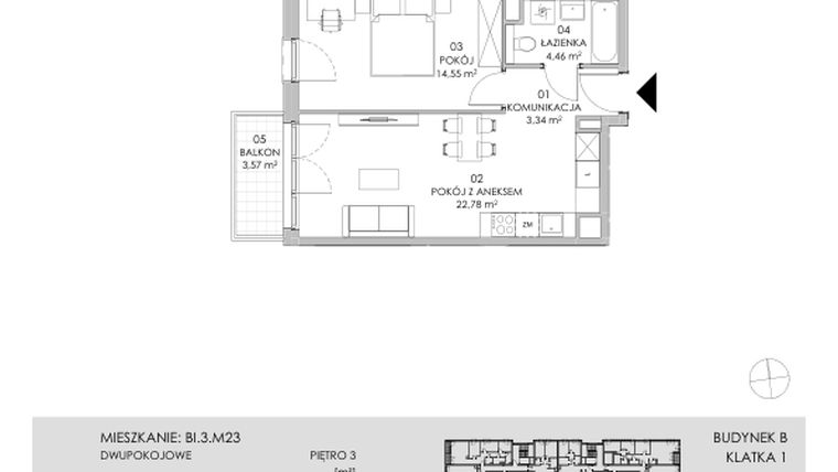 Rzut - Mieszkanie na sprzedaż 2 pokoje o powierzchni 45,13 m² - numer BI.3.M23 w Przewóz 42 ATAL II