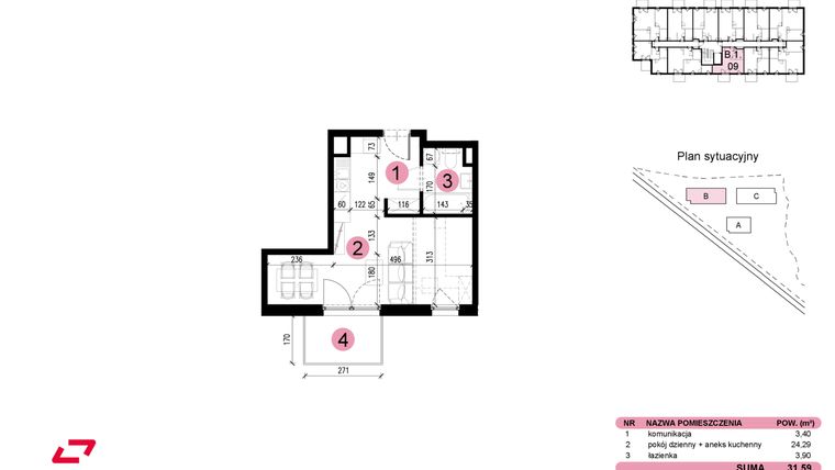 Rzut - Mieszkanie na sprzedaż 1 pokój o powierzchni 31,59 m² - numer B-1-09 w Nowe Miasto