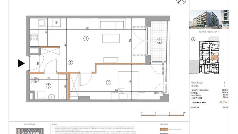 Rzut - Mieszkanie na sprzedaż 2 pokoje o powierzchni 47,85 m² - numer A1/8 w 5th Avenue Apartments