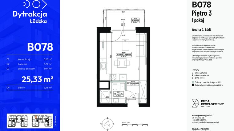 Rzut - Mieszkanie na sprzedaż 1 pokój o powierzchni 25,33 m² - numer B078 w Dyfrakcja Łódzka