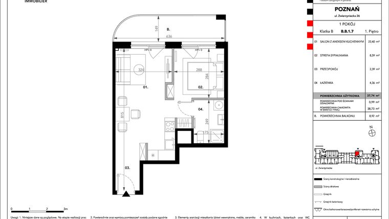 Rzut - Mieszkanie na sprzedaż 1 pokój o powierzchni 37,74 m² - numer B.B.1.7 w Zajezdnia