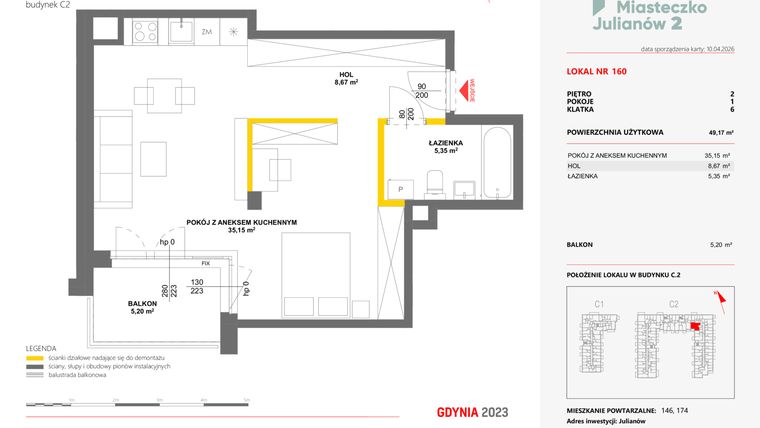 Rzut - Mieszkanie na sprzedaż 1 pokój o powierzchni 49,17 m² - numer 160 w Miasteczko Julianów etap 2
