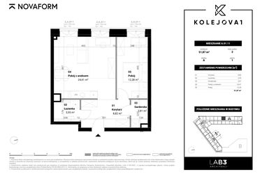 Rzut - Mieszkanie na sprzedaż 2 pokoje o powierzchni 51,87 m² - numer A-01-11 w Kolejova 1