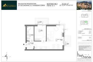 Rzut - Mieszkanie na sprzedaż 2 pokoje o powierzchni 40,8 m² - numer B1.2 w Rezydencja Chłabówka