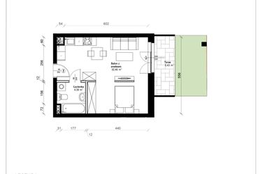 Rzut - Mieszkanie na sprzedaż 1 pokój o powierzchni 35,39 m² - numer B.0.13.1a w ATRIUM
