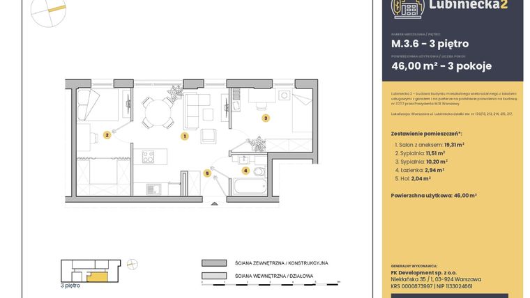 Rzut - Mieszkanie na sprzedaż 3 pokoje o powierzchni 46 m² - numer M.3.6 w Lubiniecka 2
