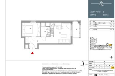 Rzut - Mieszkanie na sprzedaż 1 pokój o powierzchni 35,01 m² - numer 104 w Morwowa 5
