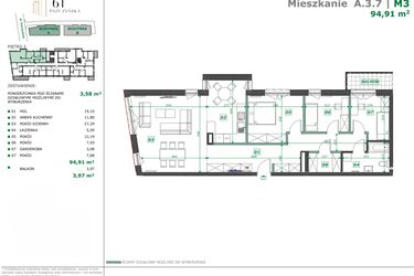 Rzut - Mieszkanie na sprzedaż 3 pokoje o powierzchni 98,52 m² - numer A.3.7 w Apartamenty Pszczyńska