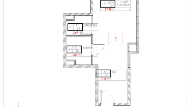 Rzut - Mieszkanie na sprzedaż 1 pokój o powierzchni 30,98 m² - numer A1.1 w Rezydencja Ogród Saski etap I i II