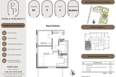 Rzut - Mieszkanie na sprzedaż 2 pokoje o powierzchni 36,09 m² - numer B2.2_2 w Perła Północy etap 2