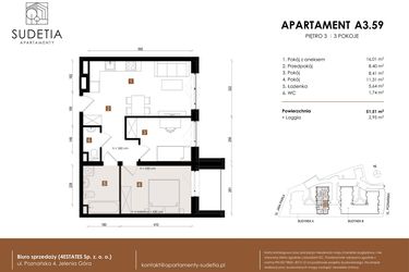 Rzut - Mieszkanie na sprzedaż 3 pokoje o powierzchni 51,51 m² - numer A 3.59 w Apartamenty Sudetia