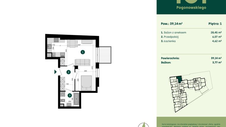 Rzut - Mieszkanie na sprzedaż 1 pokój o powierzchni 39,14 m² - numer POGO2/A/2K w Pogonowskiego 52