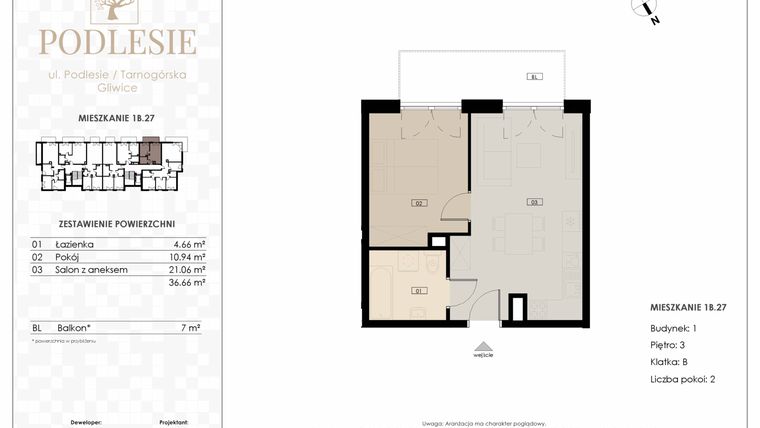 Rzut - Mieszkanie na sprzedaż 2 pokoje o powierzchni 36,66 m² - numer 1B.27 w Podlesie