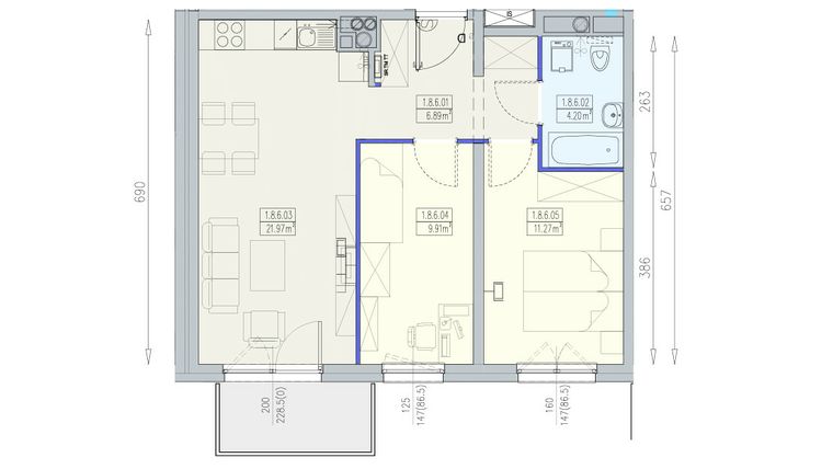 Rzut - Mieszkanie na sprzedaż 3 pokoje o powierzchni 54,24 m² - numer K1 1/8/6/3a w Południk 17 - budynek K1