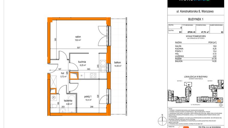 Rzut - Mieszkanie na sprzedaż 3 pokoje o powierzchni 47,93 m² - numer 93 w MOKOsfera