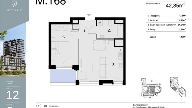 Rzut - Mieszkanie na sprzedaż 2 pokoje o powierzchni 42,85 m² - numer M168 w Sky Trust etap II