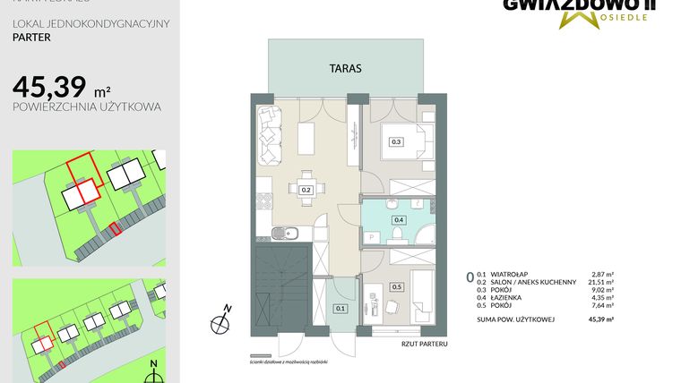 Rzut - Mieszkanie na sprzedaż 3 pokoje o powierzchni 45,39 m² - numer D2.1 w Gwiazdowo II