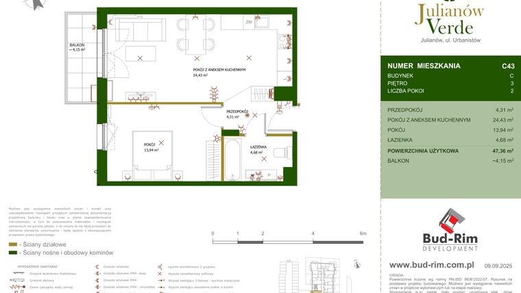 Rzut - Mieszkanie na sprzedaż 2 pokoje o powierzchni 47,36 m² - numer 43 w Julianów Verde