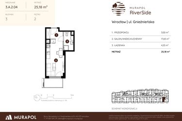 Rzut - Mieszkanie na sprzedaż 1 pokój o powierzchni 25,15 m² - numer 3.A.2.04 w Murapol RiverSide