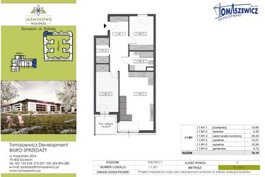 Rzut - Mieszkanie na sprzedaż 3 pokoje o powierzchni 70,19 m² - numer I.1.M1 w Jaśminowe Wzgórze - etap II