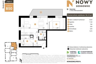 Rzut - Mieszkanie na sprzedaż 3 pokoje o powierzchni 55,15 m² - numer 50 w Nowy Sosnowiec