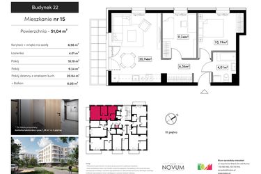 Rzut - Mieszkanie na sprzedaż 3 pokoje o powierzchni 51,04 m² - numer 15 w Novum Rumia - bud. 22