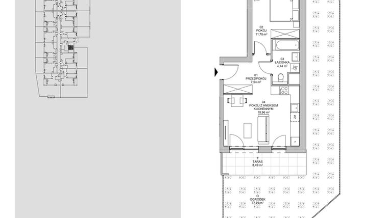 Rzut - Mieszkanie na sprzedaż 2 pokoje o powierzchni 43,02 m² - numer 1D.0.171 w Francuska Park VIIIB