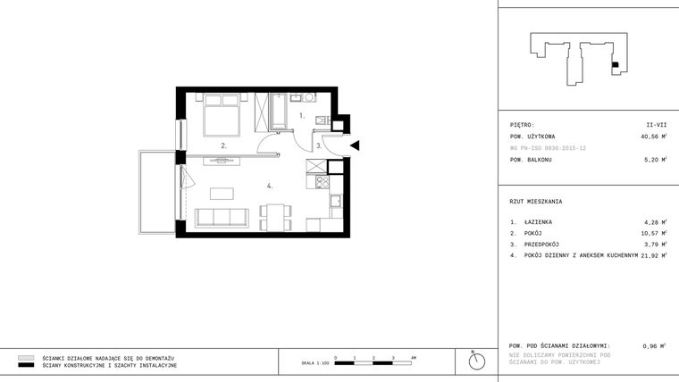 Rzut - Mieszkanie na sprzedaż 2 pokoje o powierzchni 39,99 m² - numer 7.A5 w Staszica 3