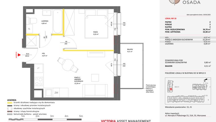 Rzut - Mieszkanie na sprzedaż 2 pokoje o powierzchni 34,7 m² - numer D.18 w Piastova Osada