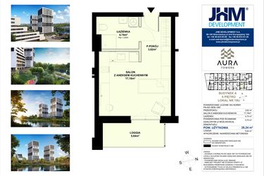 Rzut - Mieszkanie na sprzedaż 1 pokój o powierzchni 26,24 m² - numer A.2.19U w Aura Towers