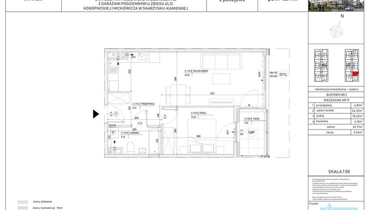 Rzut - Mieszkanie na sprzedaż 2 pokoje o powierzchni 43,71 m² - numer M-19 w Apartamenty Konopnickiej