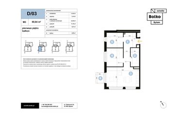 Rzut - Mieszkanie na sprzedaż 3 pokoje o powierzchni 60,84 m² - numer D/03 w Osiedle Bolko etap II