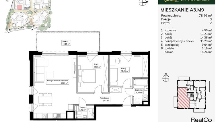 Rzut - Mieszkanie na sprzedaż 3 pokoje o powierzchni 78,26 m² - numer A3.M9 w Apartamenty przy Parku Szczytnickim