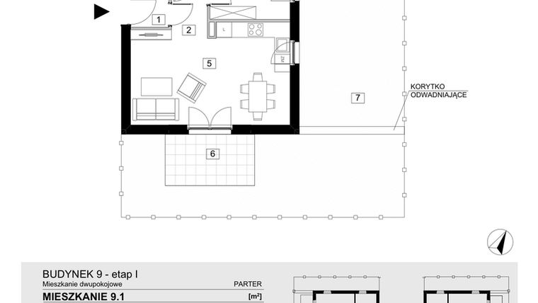 Rzut - Mieszkanie na sprzedaż 2 pokoje o powierzchni 43,42 m² - numer 9.1 w Jasieny