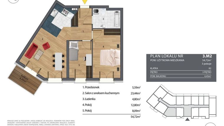Rzut - Mieszkanie na sprzedaż 3 pokoje o powierzchni 55,83 m² - numer K2.3.M2 w Nyska Residence
