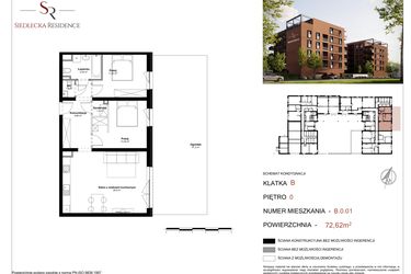 Rzut - Mieszkanie na sprzedaż 3 pokoje o powierzchni 72,62 m² - numer B-0-01 w Siedlecka Residence