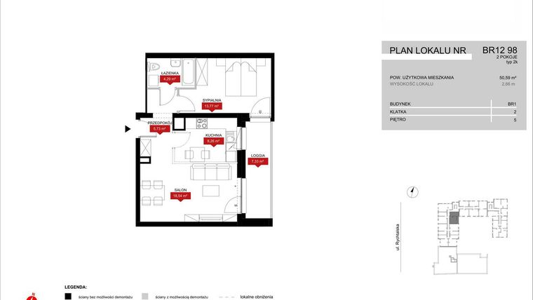 Rzut - Mieszkanie na sprzedaż 2 pokoje o powierzchni 50,59 m² - numer BR12/98 w Browary Wrocławskie 2