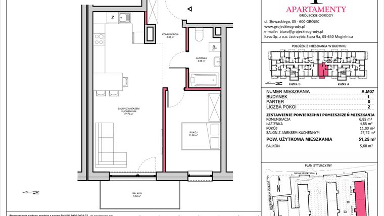 Rzut - Mieszkanie na sprzedaż 2 pokoje o powierzchni 51,25 m² - numer A.07 w Apartamenty Grójeckie Ogrody