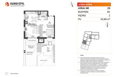 Rzut - Mieszkanie na sprzedaż 2 pokoje o powierzchni 43,8 m² - numer 23 w Leśna Góra