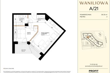 Rzut - Mieszkanie na sprzedaż 2 pokoje o powierzchni 38,35 m² - numer WA2/A/21 w Waniliowa